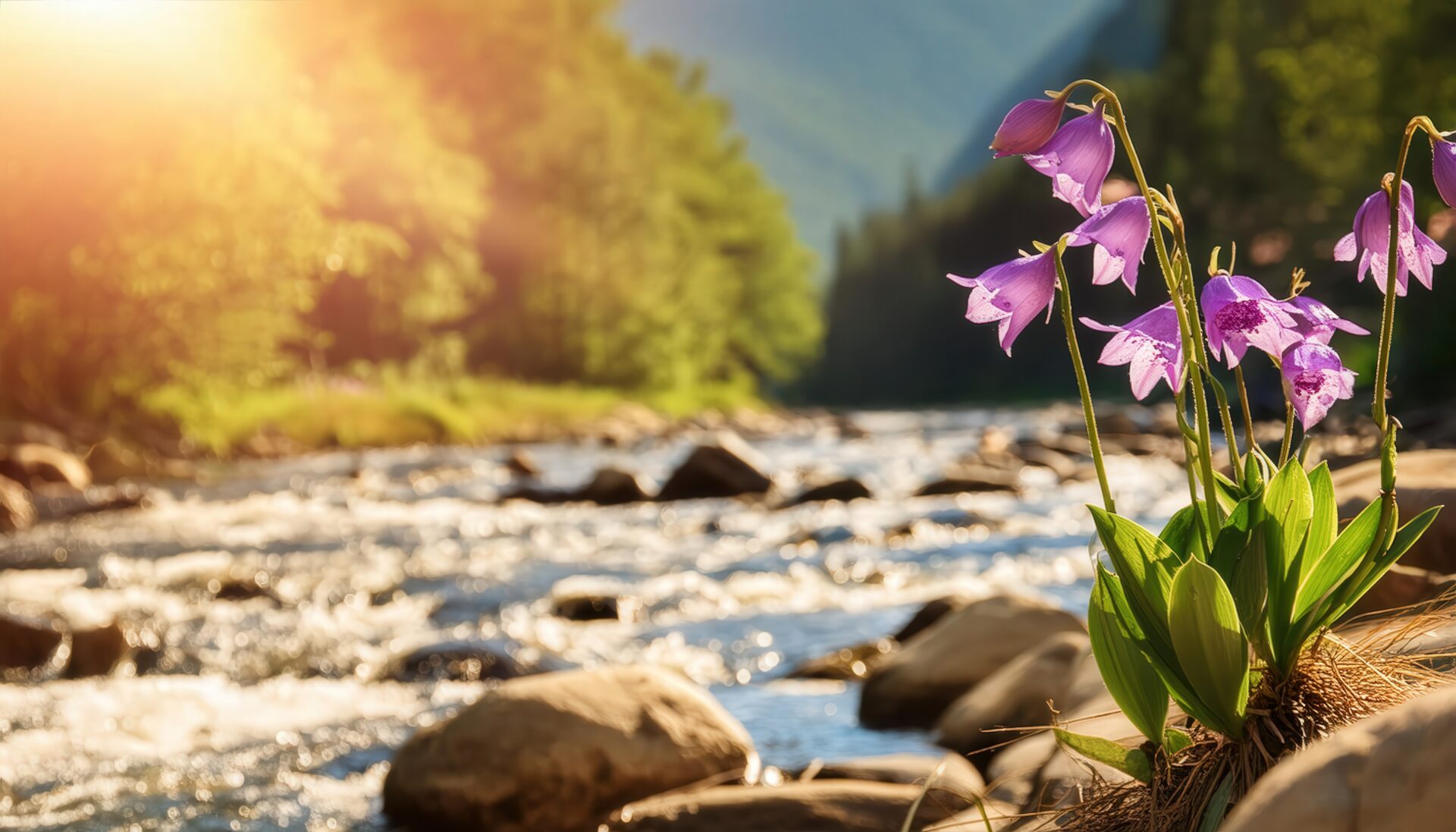 渓流と紫の花と朝の光