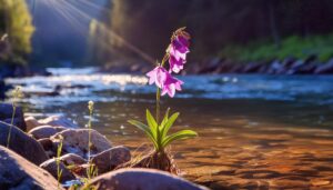 夕暮れ時の川辺に咲く紫の花