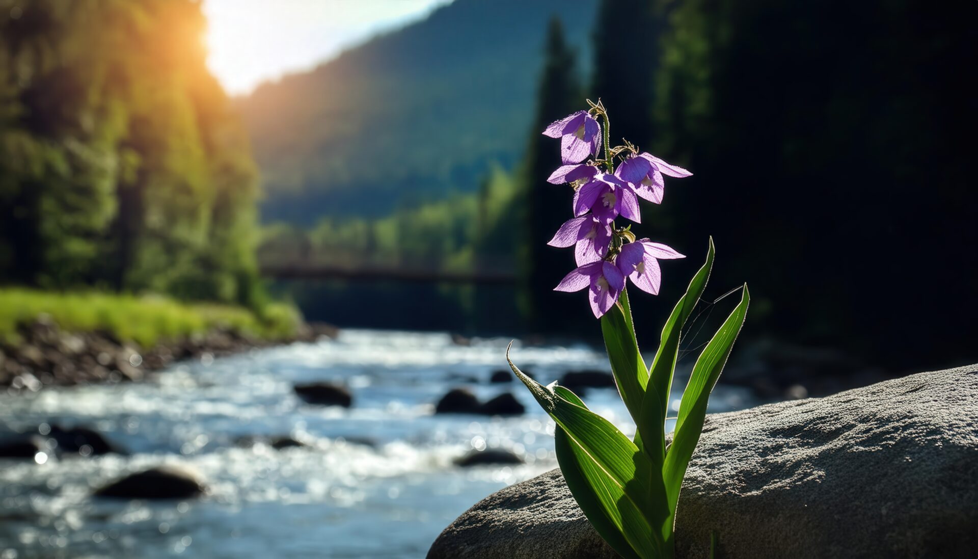 岩の上に咲く紫の花