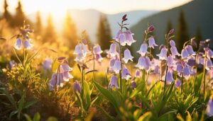 朝日を浴びる高原の花