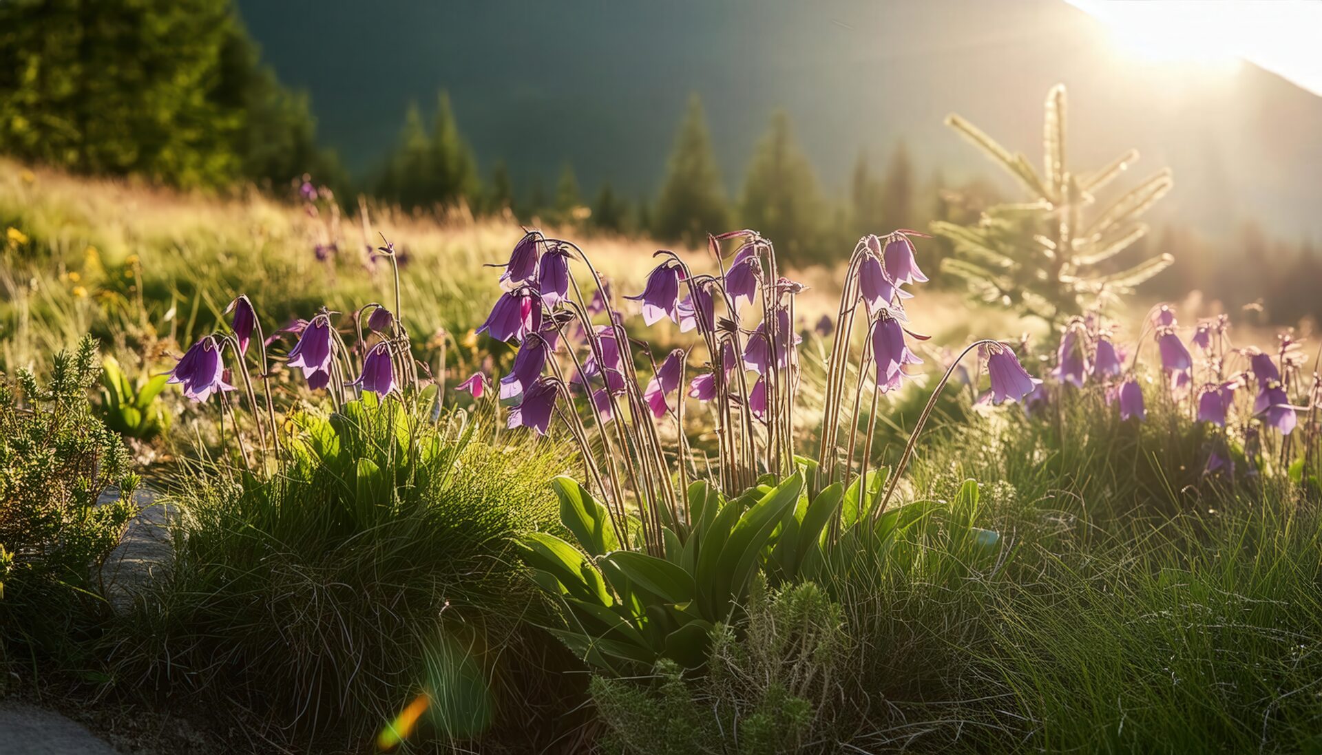 日の出とベルフラワーの群生