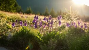 日の出とベルフラワーの群生