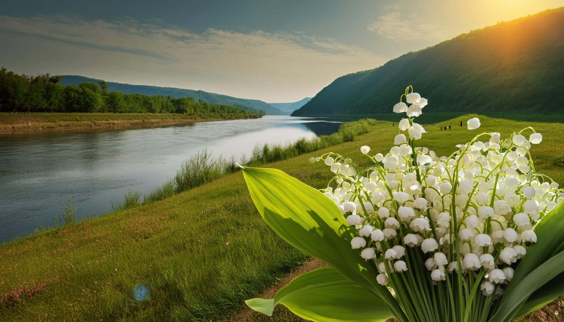 夕日の川とスズラン