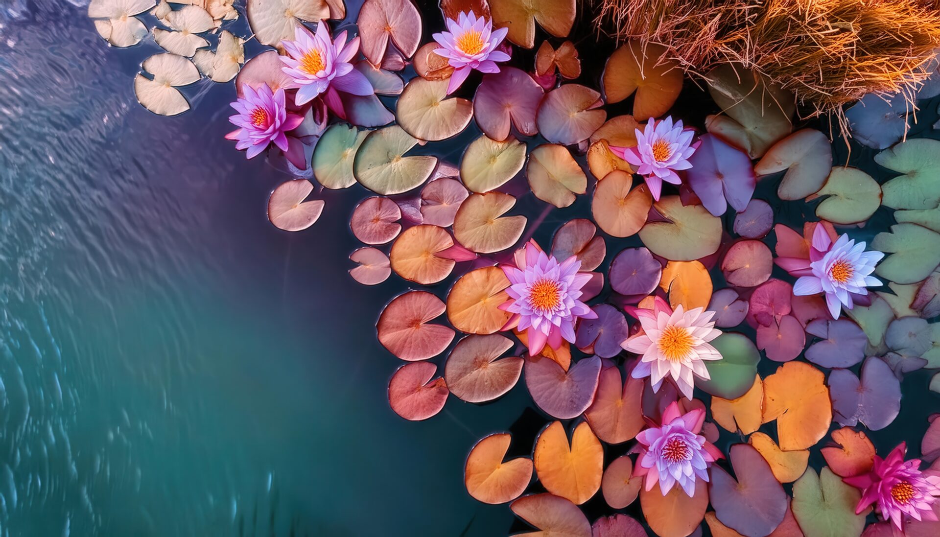 色鮮やかな睡蓮と葉