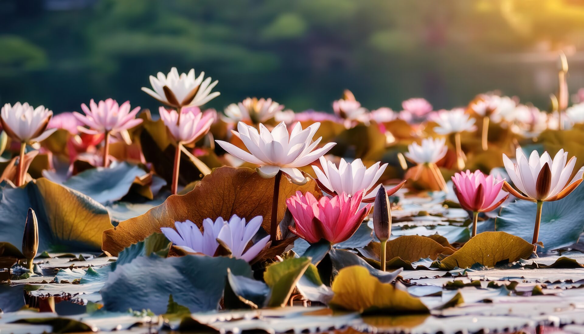日差しを浴びる蓮の花
