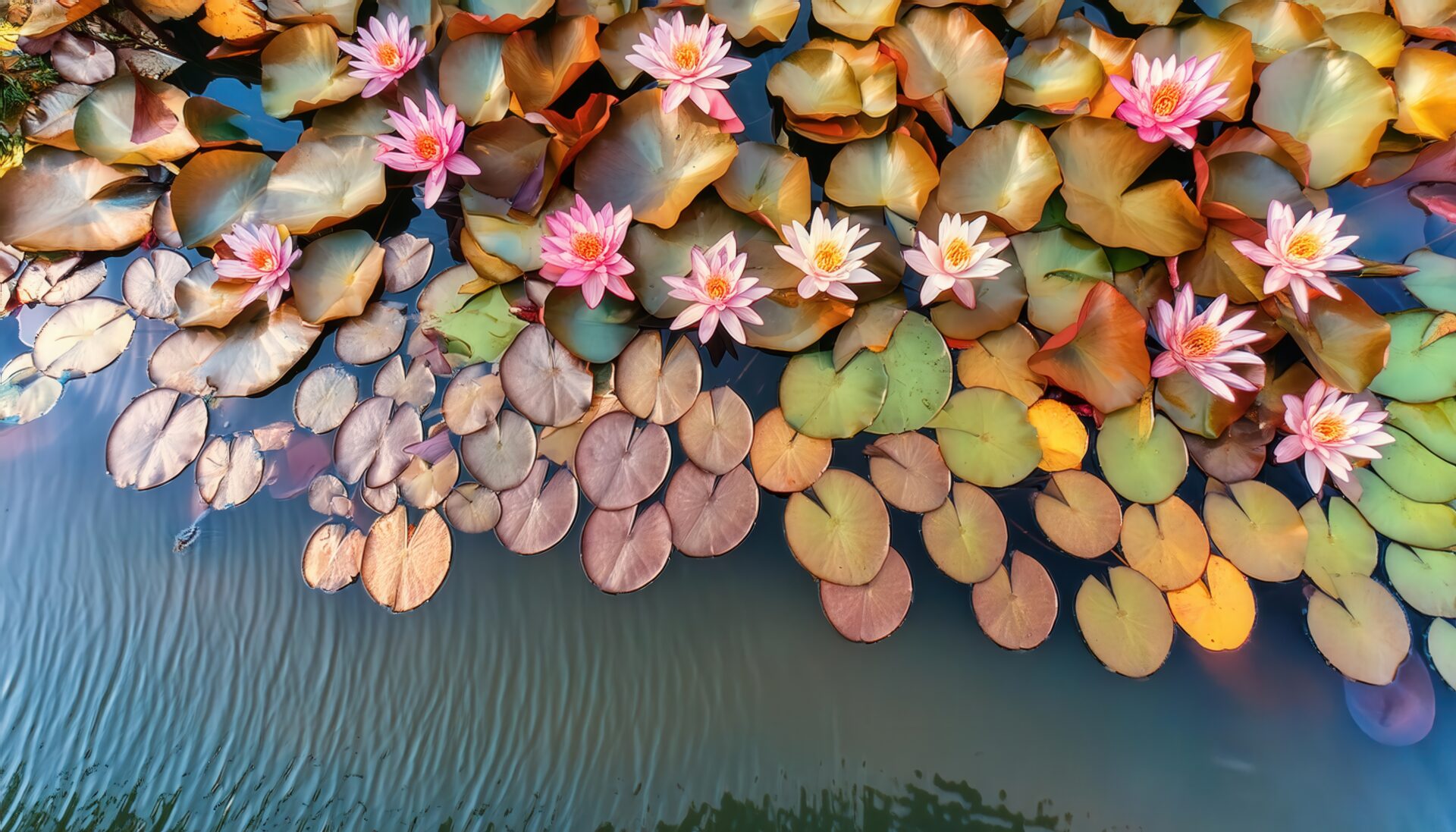 カラフルな葉とピンクの睡蓮