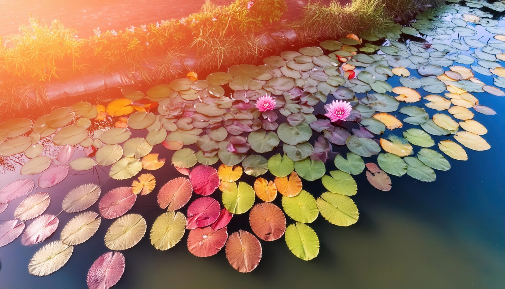 朝日の差し込む池と睡蓮