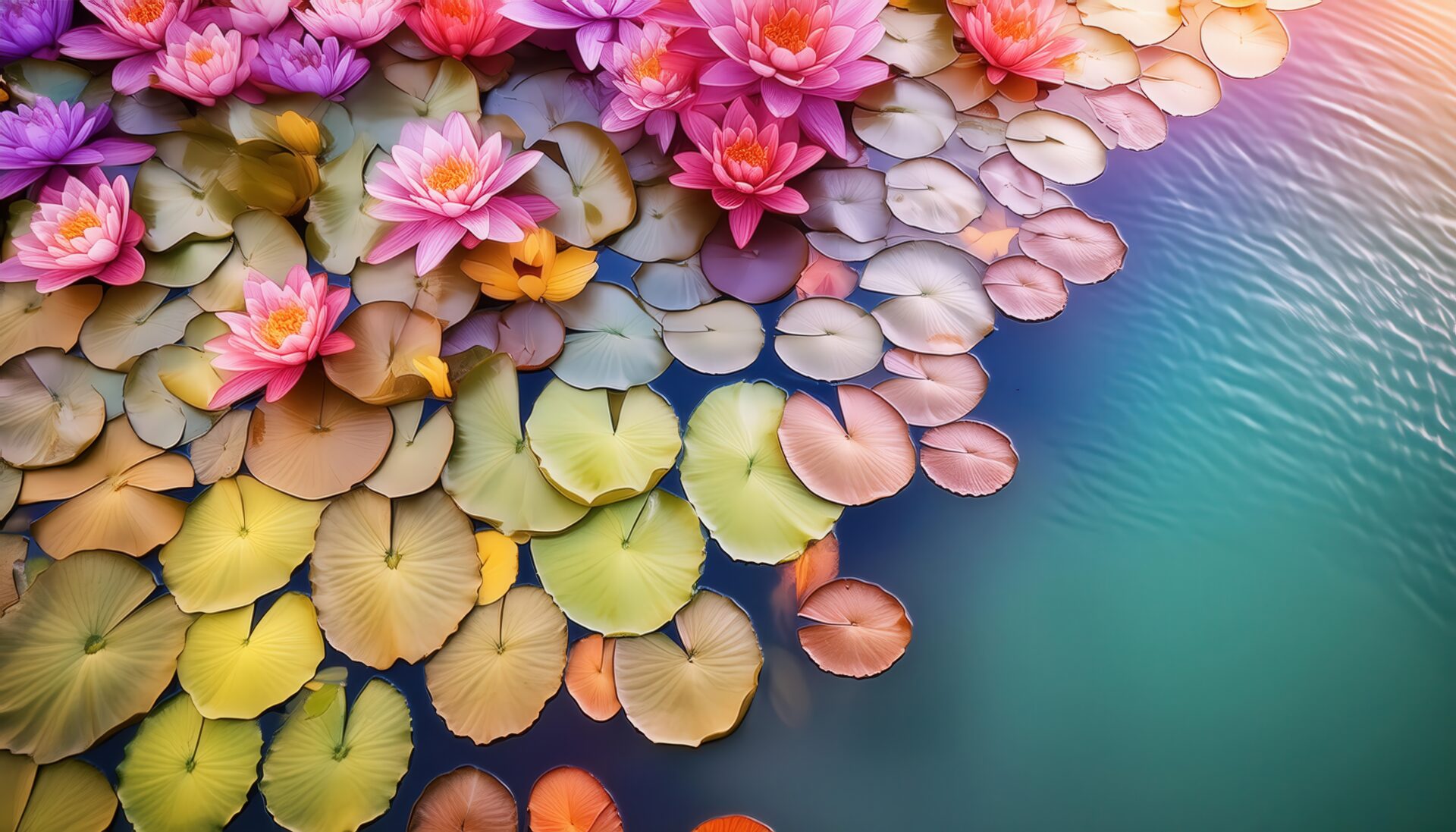 色とりどりの睡蓮と葉