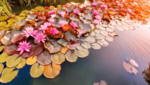 ピンク睡蓮と夕焼け色の葉