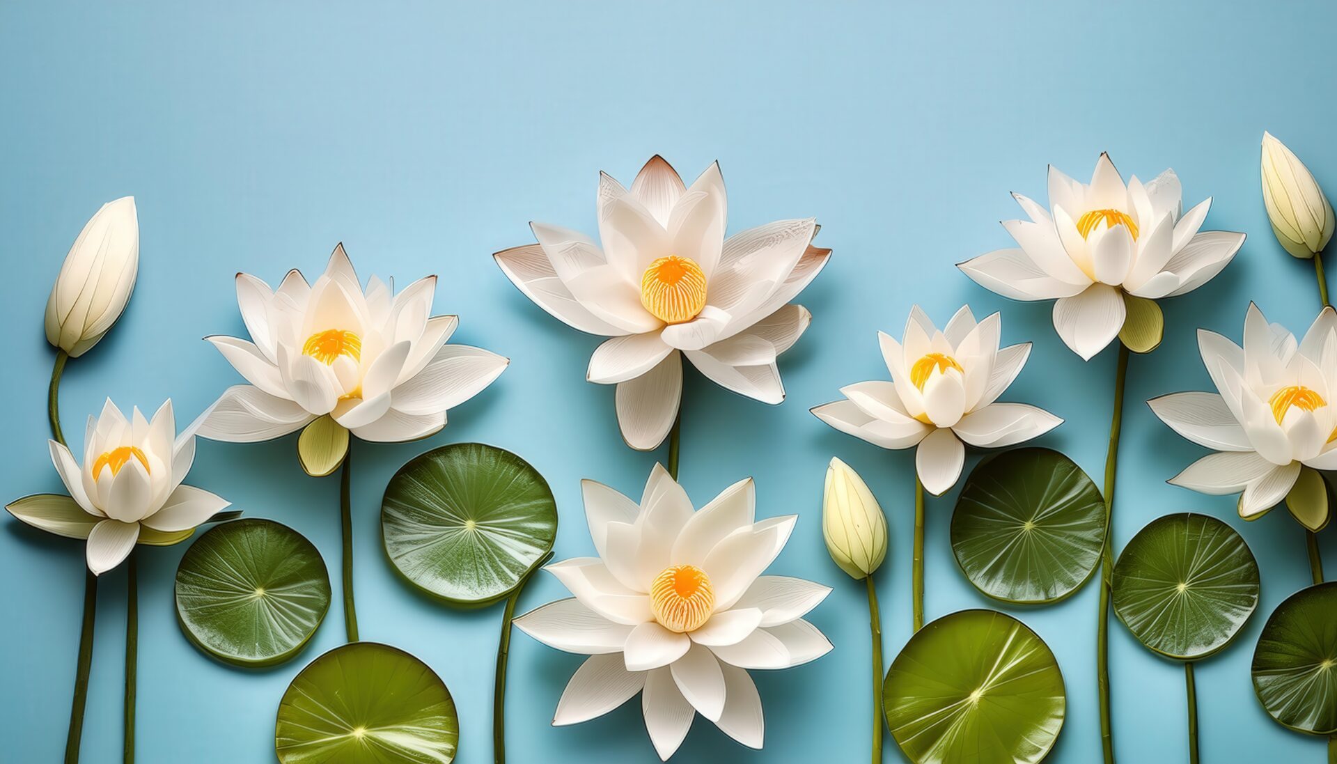 青い背景に白い蓮の花と緑の葉