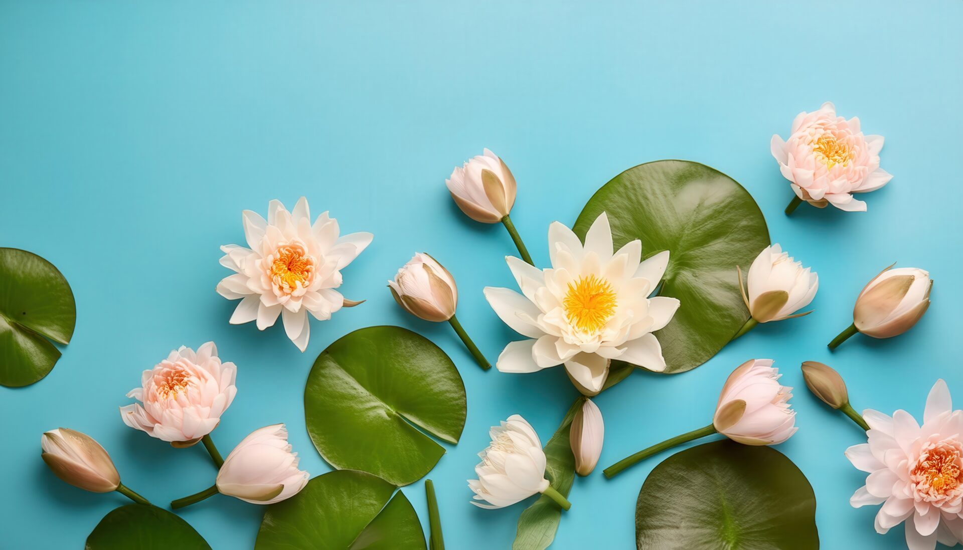 青い背景にピンクと白の蓮の花と蓮の葉
