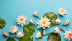 青い背景にピンクと白の蓮の花と蓮の葉