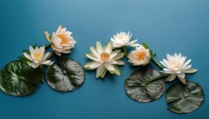 青い背景に白い蓮の花と葉のフラットレイ