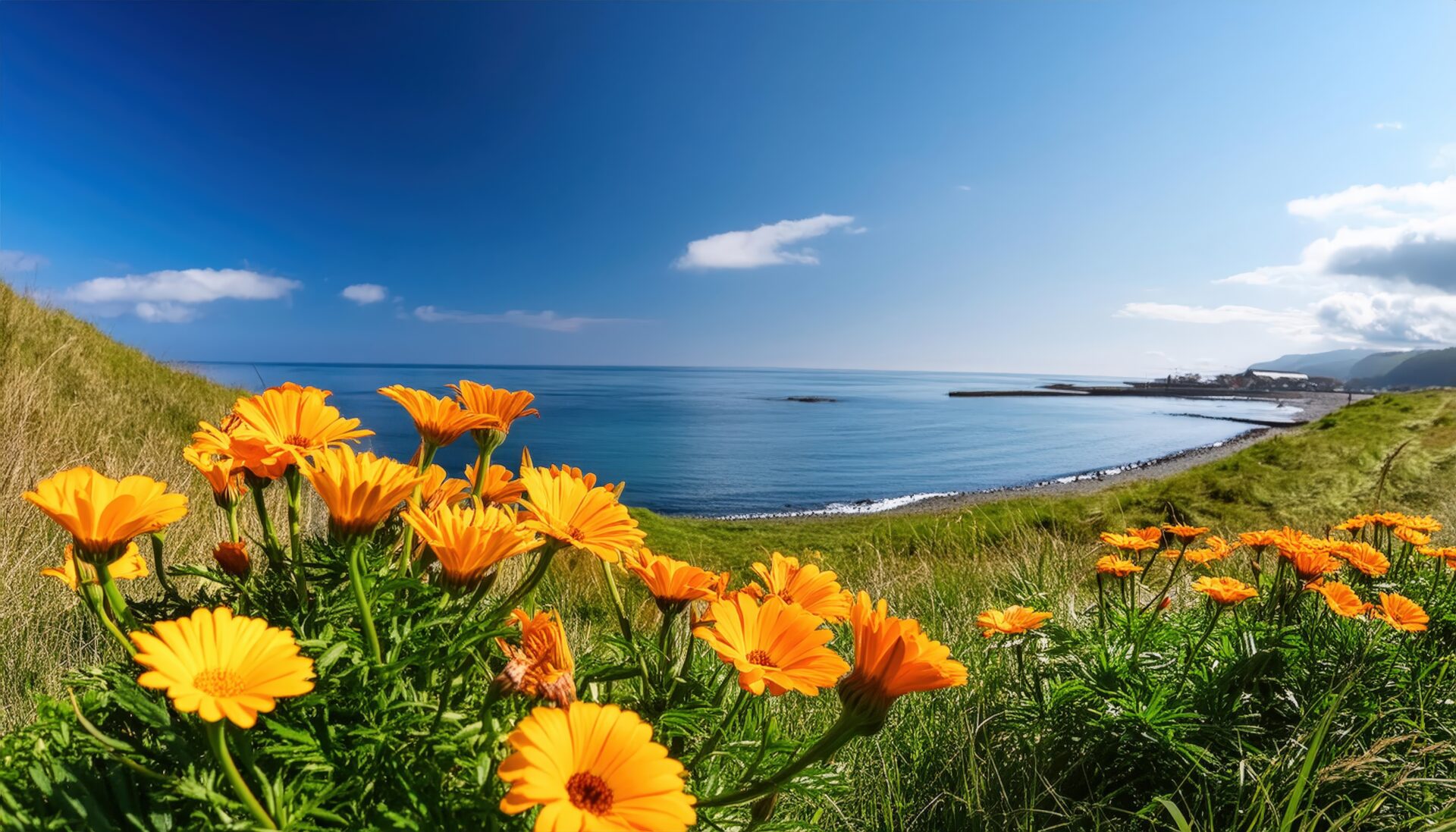 港を背景に咲くマリーゴールド