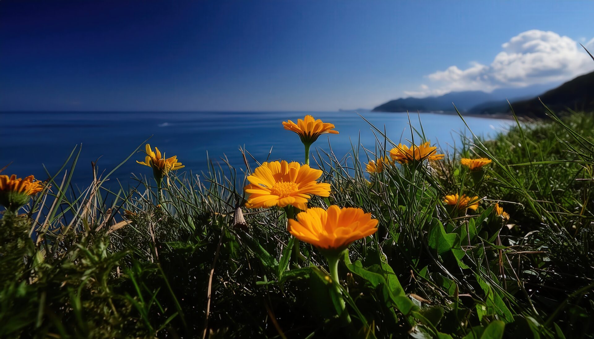 海辺の斜面に咲くマリーゴールド