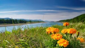 河川敷に咲くマリーゴールド