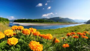 河川敷に咲くマリーゴールド