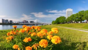 都市近郊の河川敷と花畑