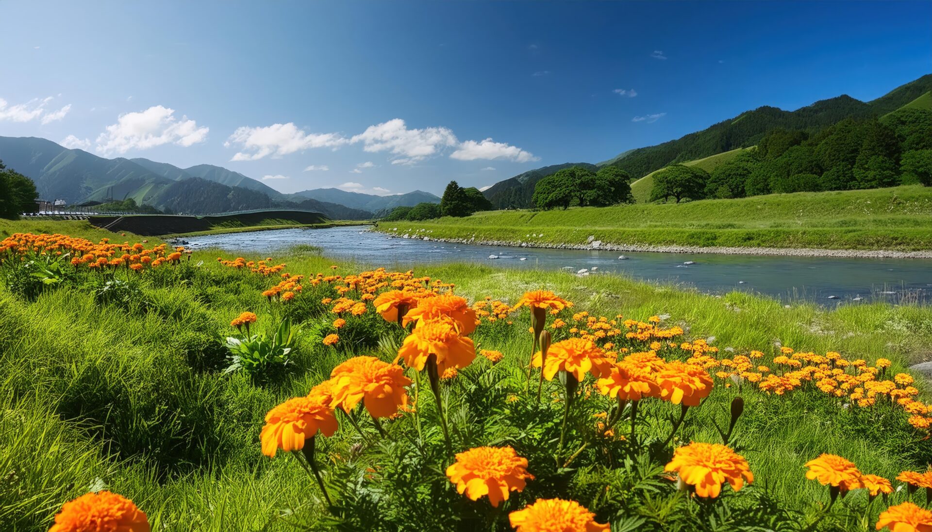 川辺の群生するマリーゴールド