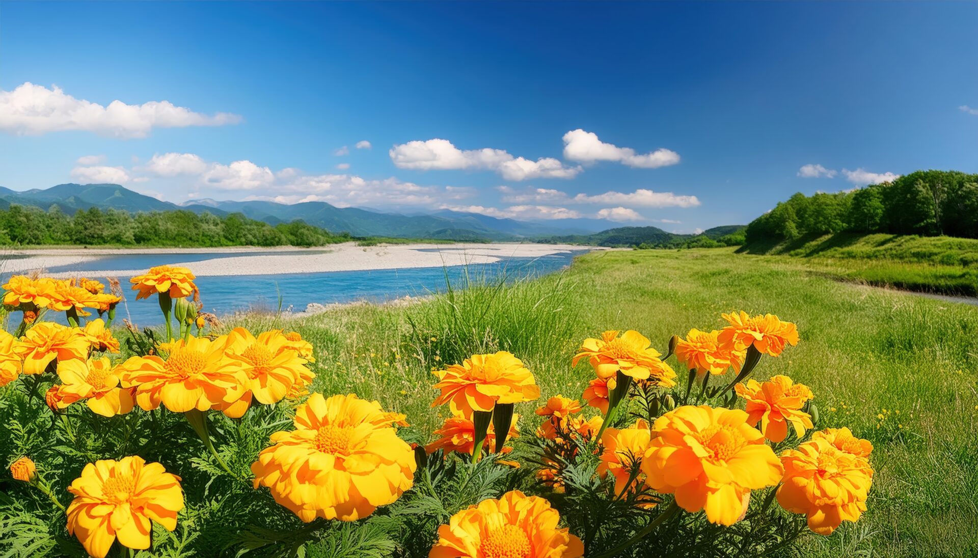 川辺の青空とマリーゴールド