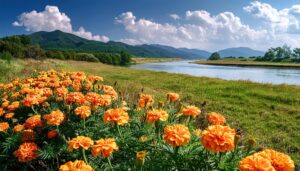 河川敷に広がるマリーゴールド畑