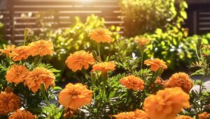 庭のマリーゴールドと夕日