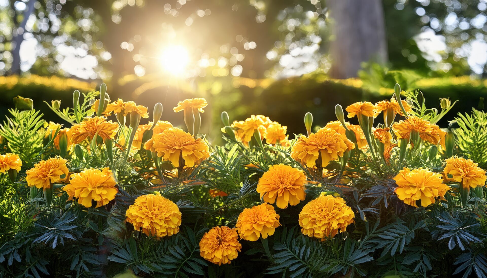 朝日を浴びるマリーゴールド