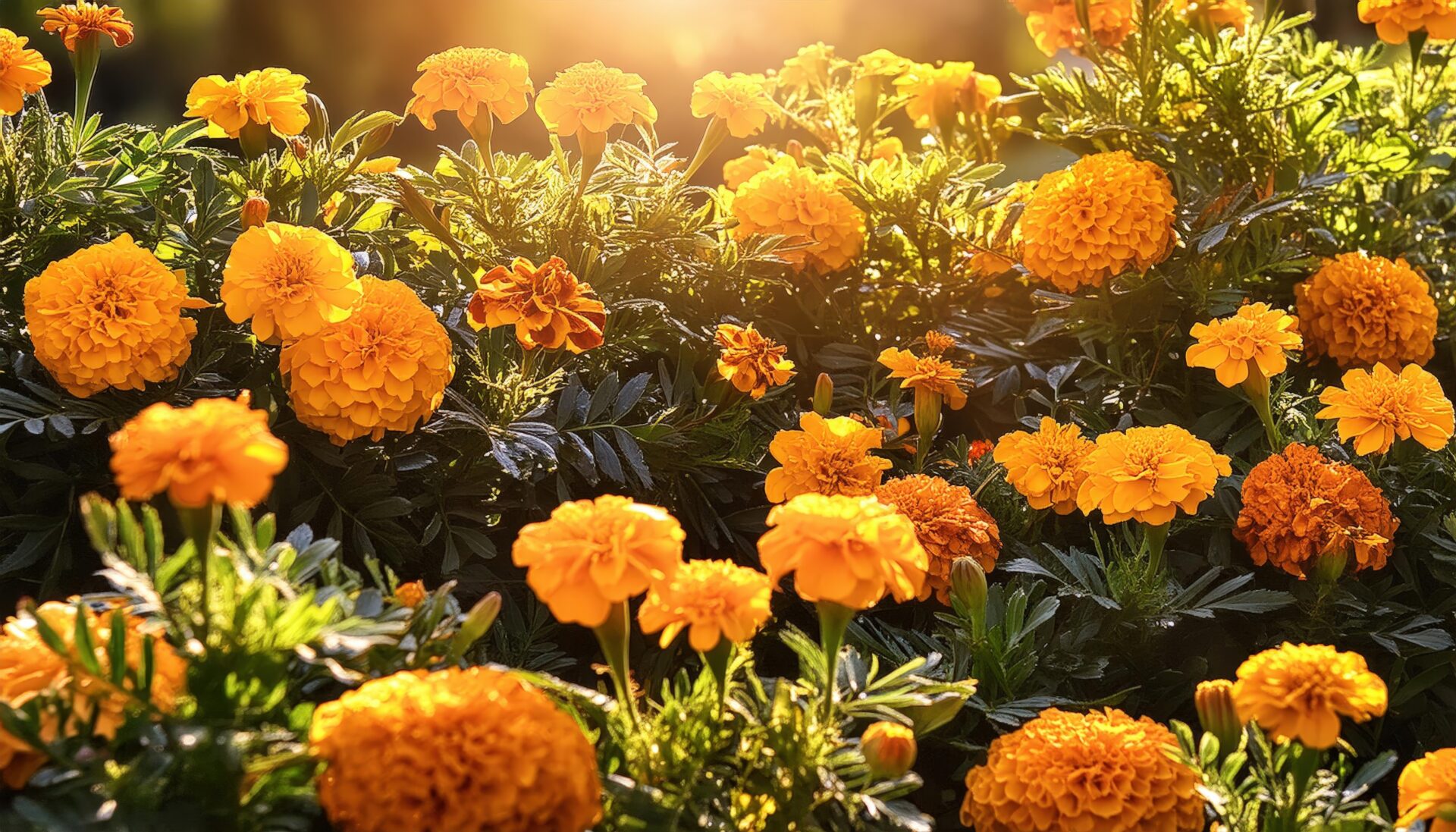 夕日の花壇とマリーゴールド