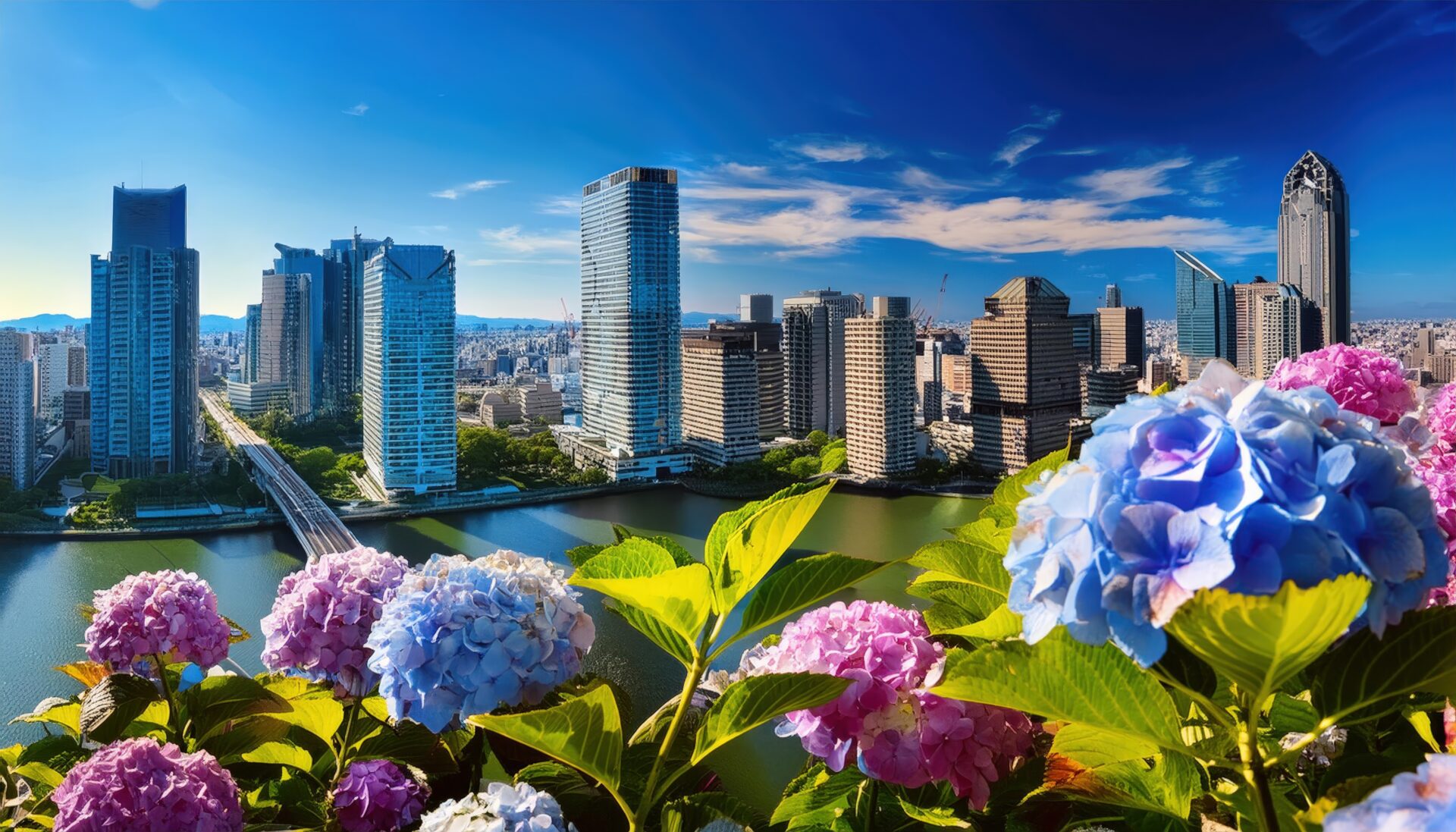 高層ビル街と紫陽花