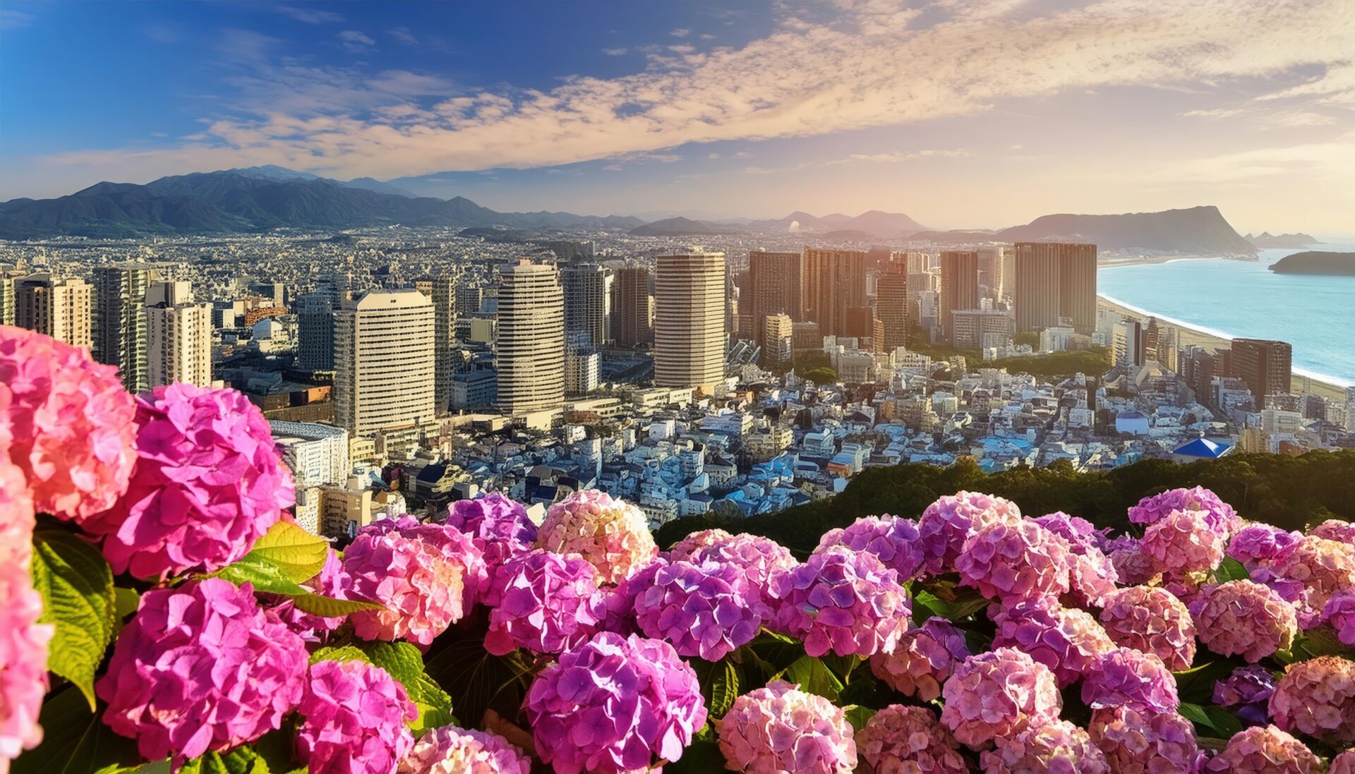 高層ビルと紫陽花