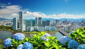 海沿いの都市と紫陽花