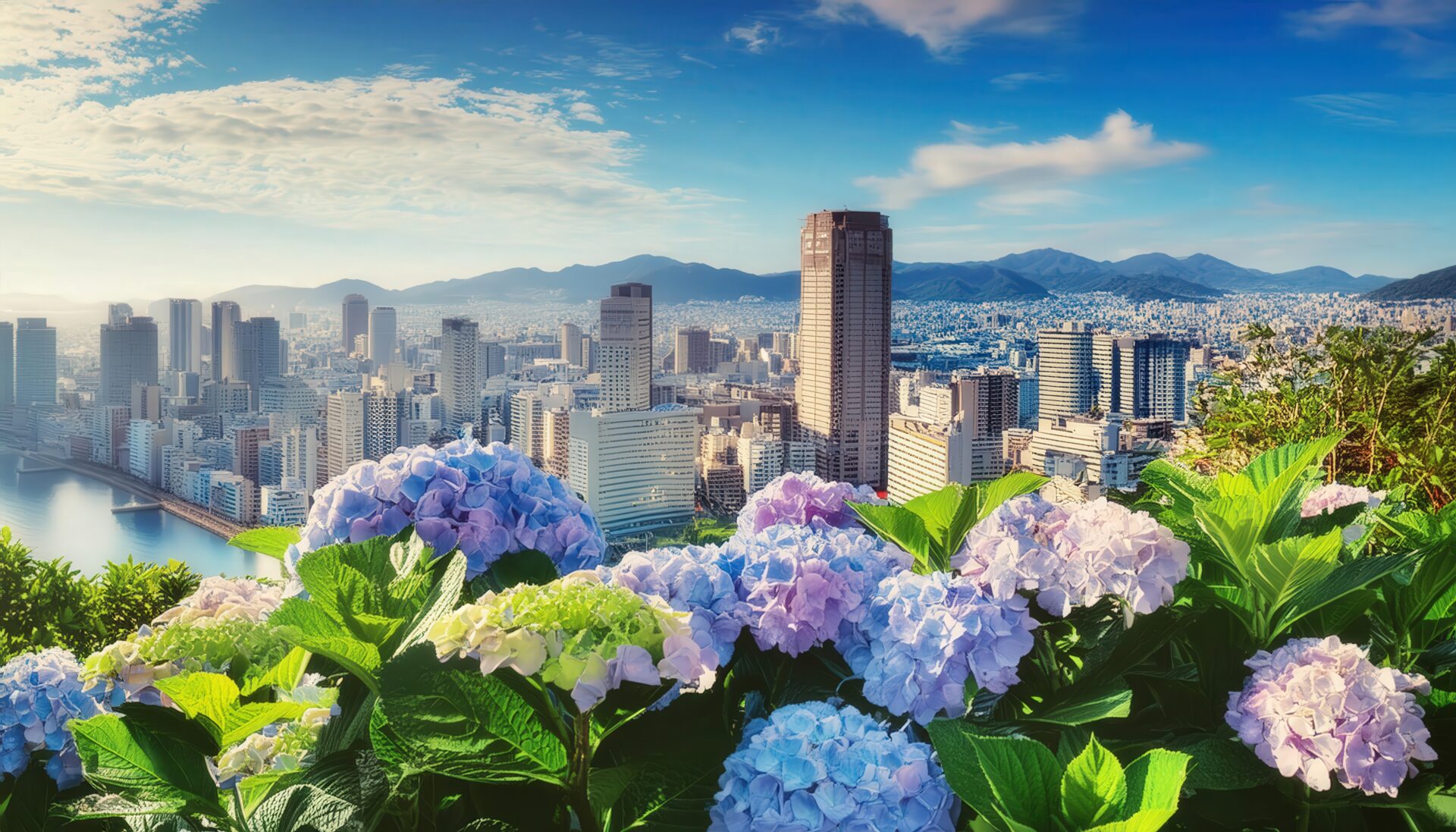 超高層ビルと紫陽花