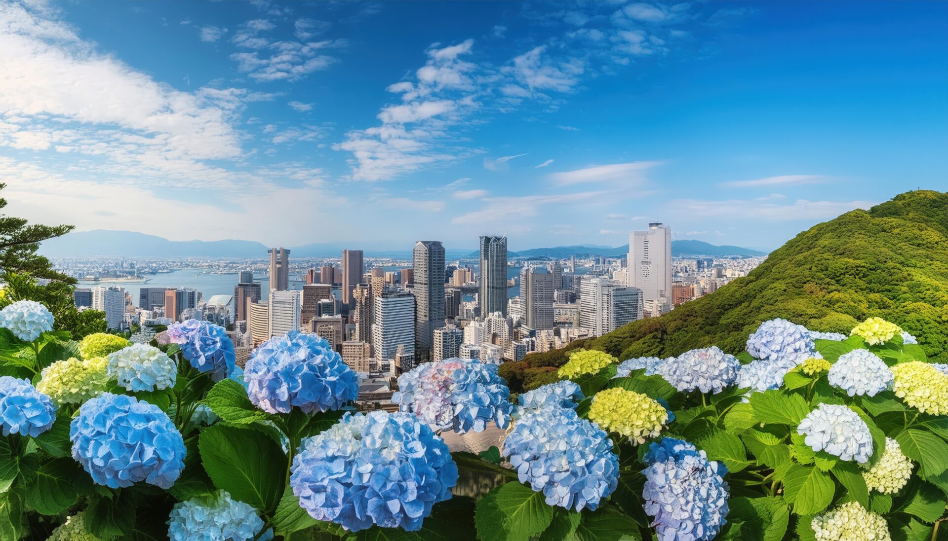 ピンクの紫陽花と海岸都市