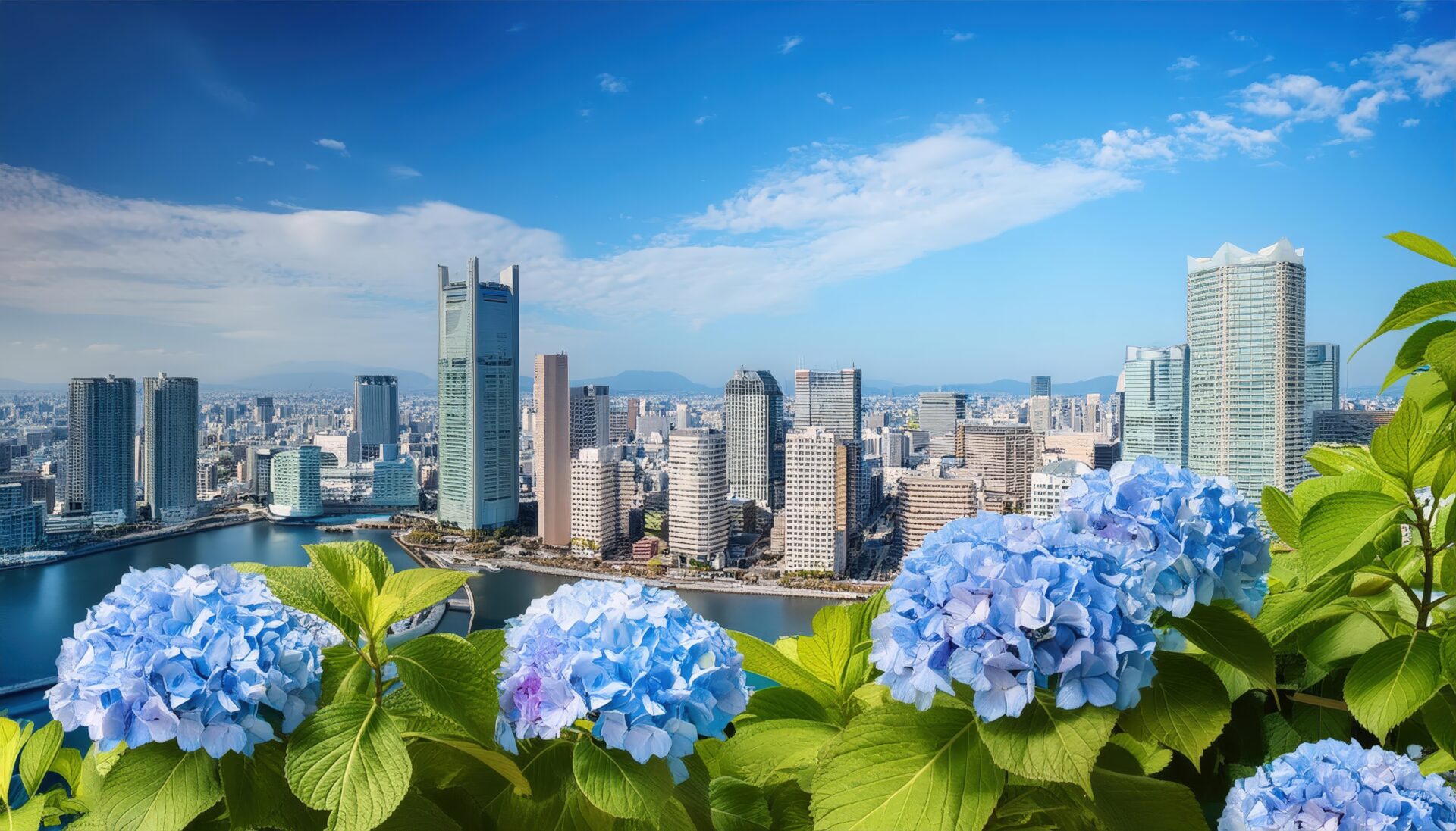 リバーサイド都市と紫陽花