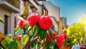街中の椿の花と住宅街