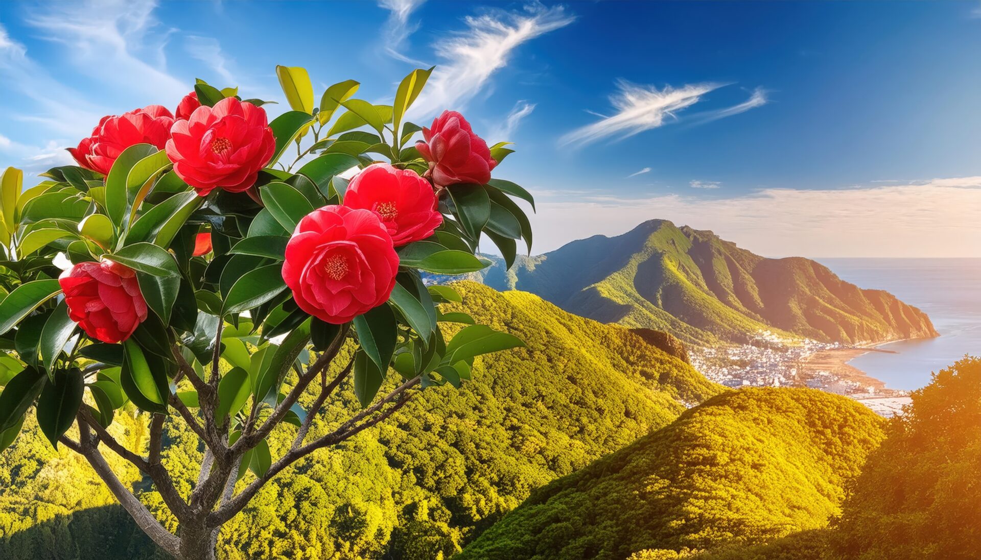 山の絶景と椿の花