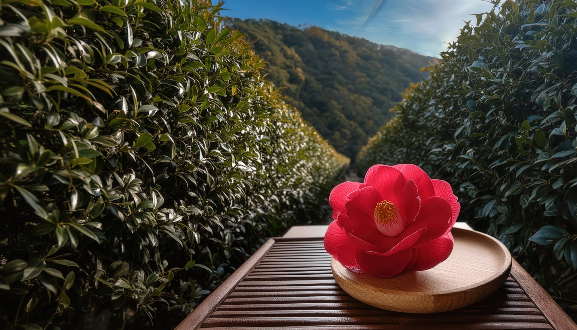 盆栽の椿と山の景色