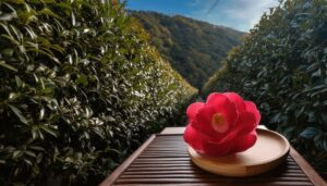 盆栽の椿と山の景色