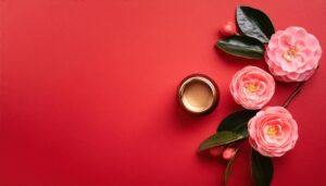 赤い背景と椿とコスメ