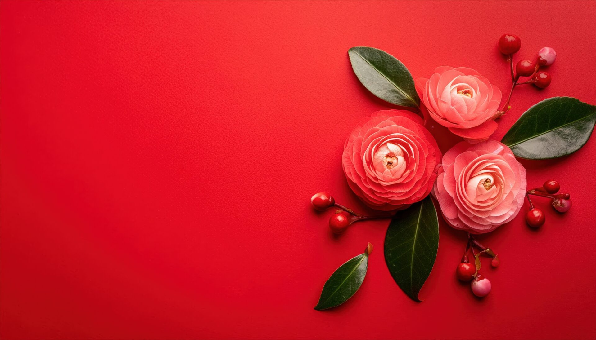 赤背景に並ぶ椿の花