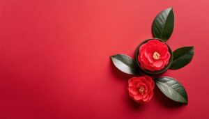 赤背景に椿とコスメ容器