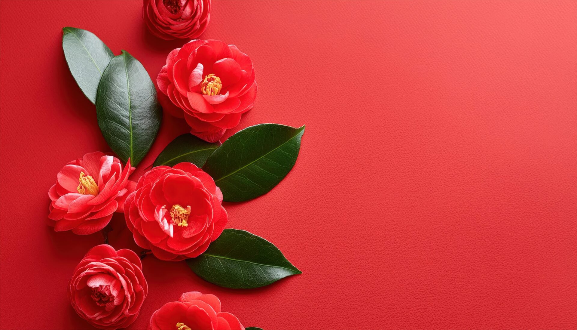 赤背景に並ぶ椿の花