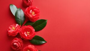 赤背景に並ぶ椿の花