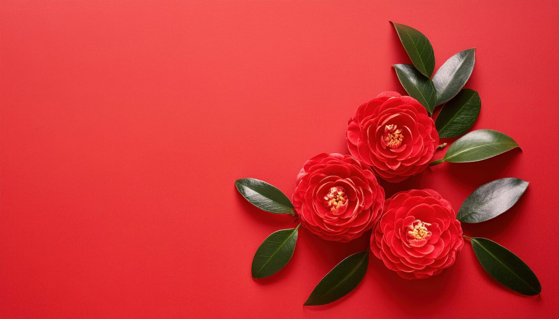 赤背景と3輪の椿