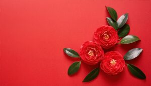 赤背景と3輪の椿