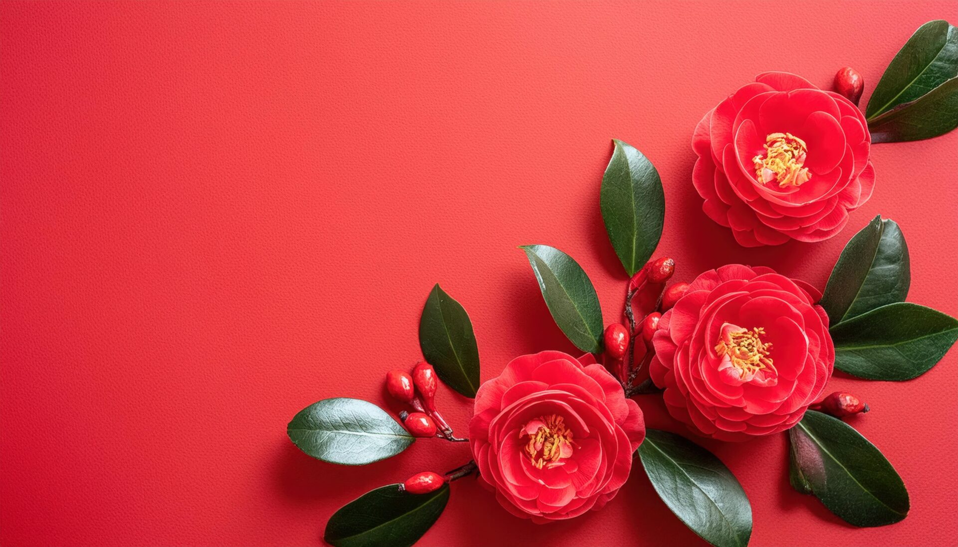 赤背景に椿と実