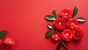 赤背景に広がる椿