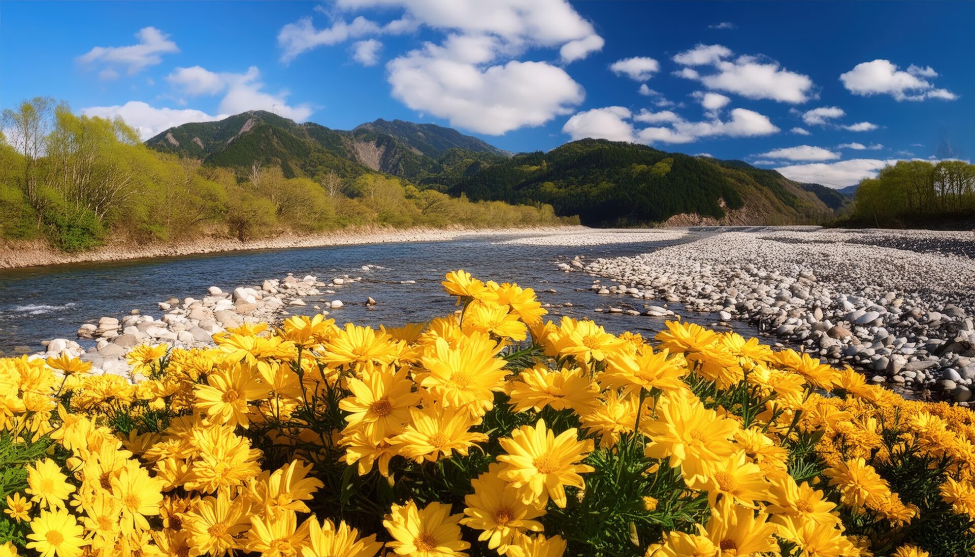 河原と黄色い菊の花