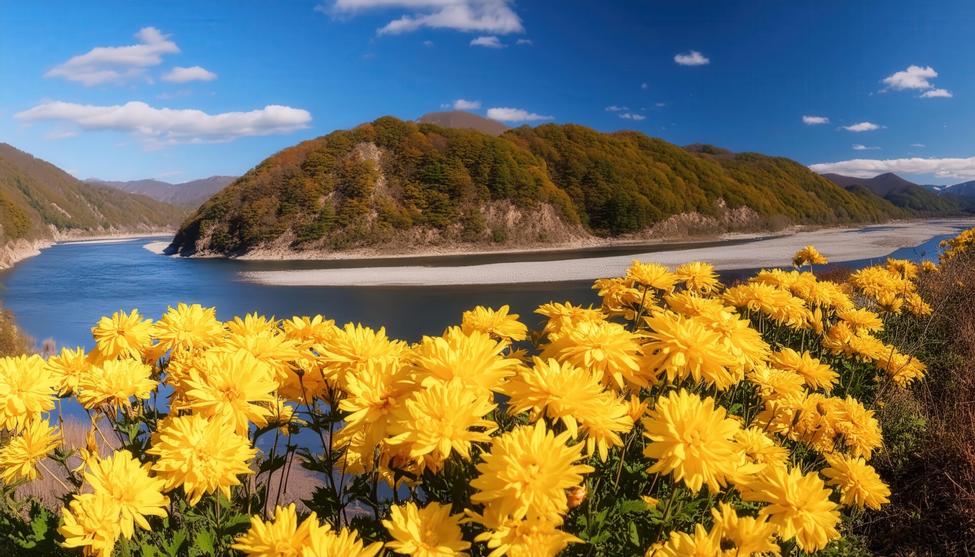 川沿いの菊と山並み