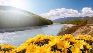 渓谷と菊の花畑